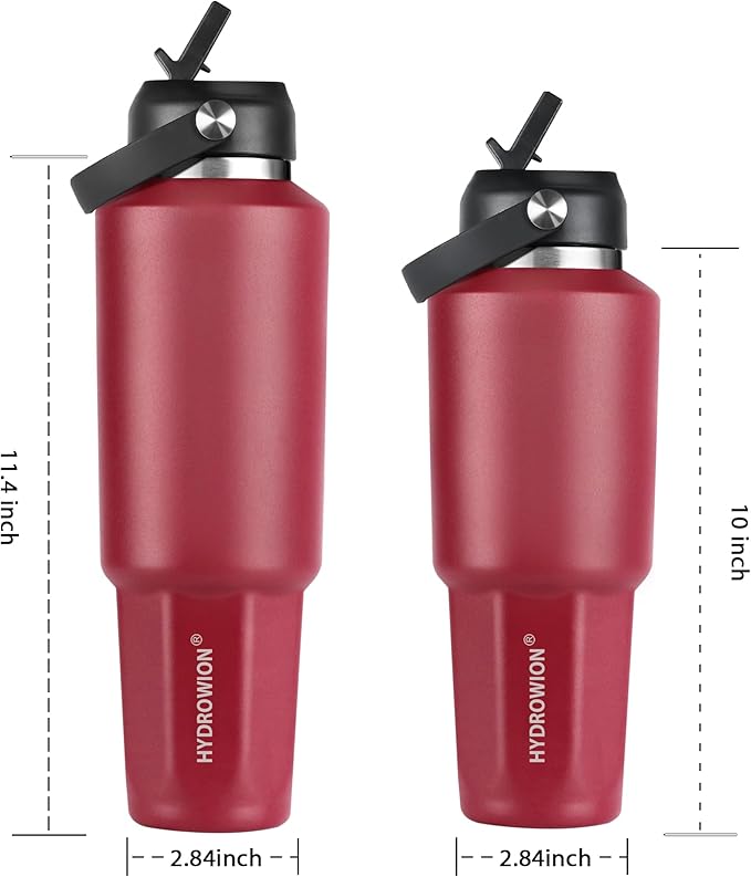 HYDROWION 40 oz Insulated Water Bottle, Car Water Bottle Holder - Double Wall Vacuum Insulated Travel Bottle with Straw Lid, Spout Lid and Flex Cap - Cold for 24H, Hot for 12H, Blue - Red