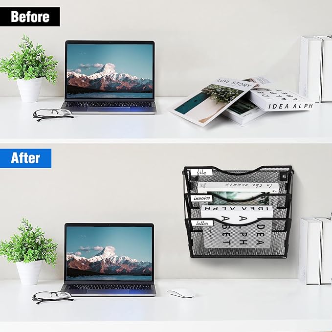 Wall File Organizer 3 Pockets, Mail Organizer, Hanging Folder Holder, Foldable | Hanging or Wall Mounted | Label Panel | 2 Hooks | Office Home School Organizer, Black