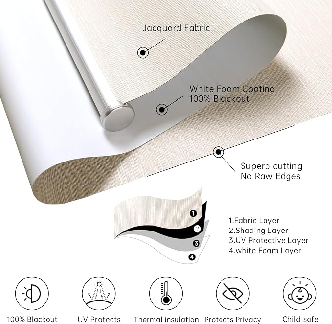 Homebox Cordless Blackout Roller Shades for Windows, 100% Room Darkening Blinds with Thermal Insulated Easy Install Spring System for Home, Living Room, Nursery (50" W x 72" H, Light Beige)