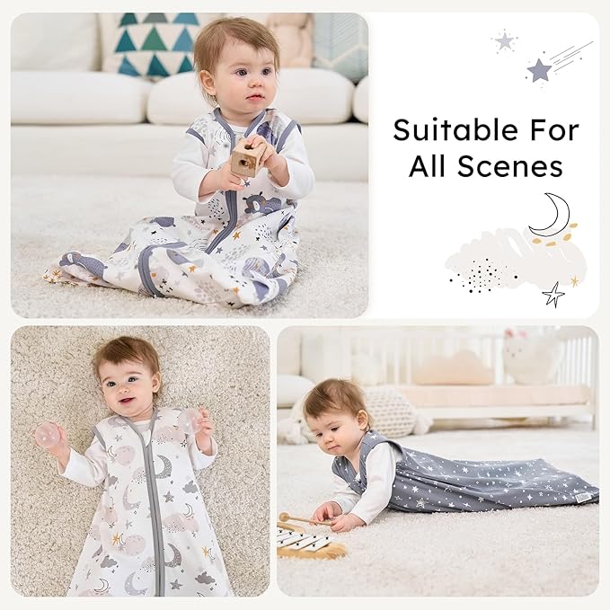 FIEMOL Baby Sleep Sack 18-24 months, 100% Cotton Sleeping Sack for Newborn and Infant, 3 Pack Baby Wearable Blanket for Boy and Girl, 0.5 Tog Lightweight Double Zipper Sleep Bag Grey Moon Bear