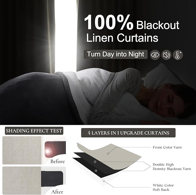 Pinch Pleated Blackout Curtains 70 Inches Wide for Living Room, Room Darkening Linen Blend Tan Viral Large Window Curtain for Bedroom Thermal Soundproof Natural Drapes 70"W x 92"L x 2Panels