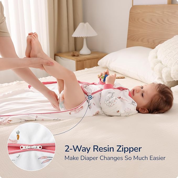 Baby Sleep Sack 6–12 Months, Cotton Sleep Sack with Detachable Long Sleeves, 1.0 TOG Wearable Blanket for Cooler Nights, 2-Way Zipper Toddler Sleeping Sack with Temperature Strip, Bunny