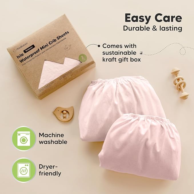 2-Pack Waterproof Pack and Play Sheets, Mini Crib Sheets Fitted for Boy, Girl - 38 x 26 Viscose from Bamboo Pack N Play Mattress Sheets for Graco, Toddler Playard Baby Crib Sheets Neutral (Mist Rose)