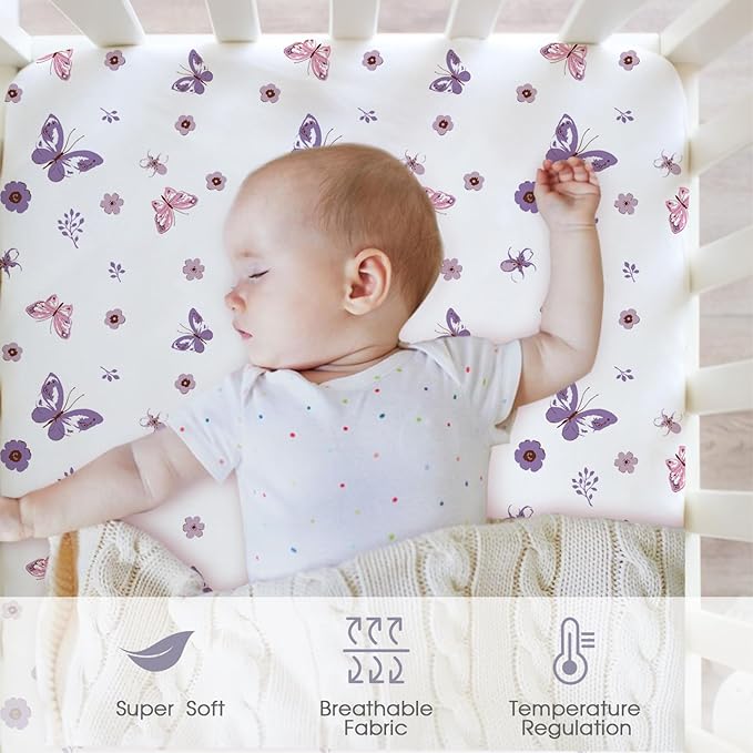 Little Grape Land Crib Sheets 4 Pack, Microfiber Fitted Crib Sheet for Standard Crib Mattress 52"x28"x8", Soft and Neutral Baby Crib Sheets for Boys and Girls, Breathable & Easy Care, Pastel Meadow