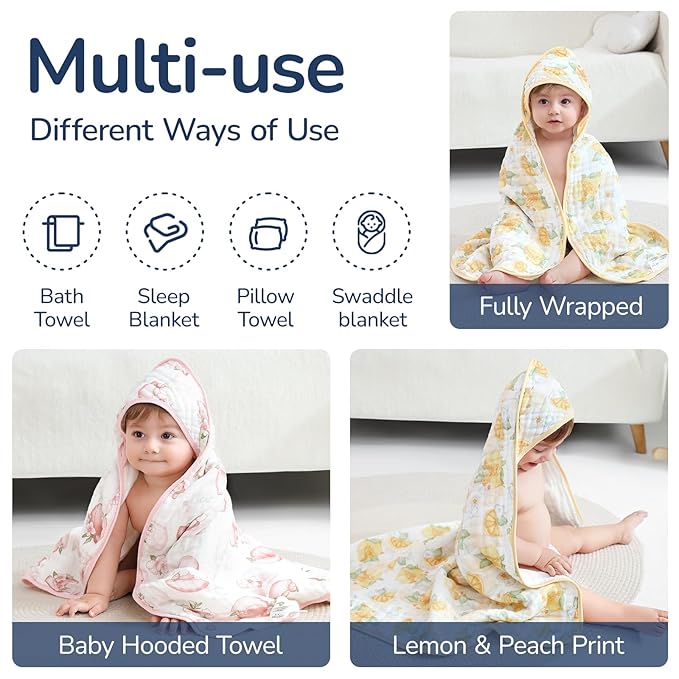 Muslin Hooded Baby Towels 2 Pack, Ultra Soft & Absorbent Baby Bath Towels, Bath & Beach Essentials, Shower Gifts for Newborns, Babies, Infant, Toddler - 32x32 Inch (Lemon & Peach)