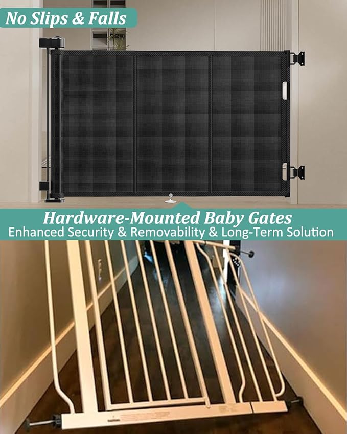 71 inch Retractable Baby Gates 42 inch Tall, Retractable Gate with Reinforced Strip Design to Prevent Crawling Through, 6 FT Retractable Dog Gate for Stairs, Doorways, Hallways, Indoor/Outdoor