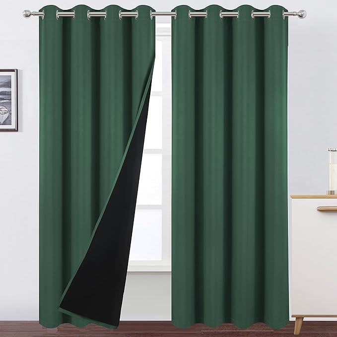 LEMOMO 100% Blackout Dark Green Curtains with Black Lining/52 x 84 Inch/Set of 2 Panels Thermal Insulated Room Darkening Curtains for Bedroom