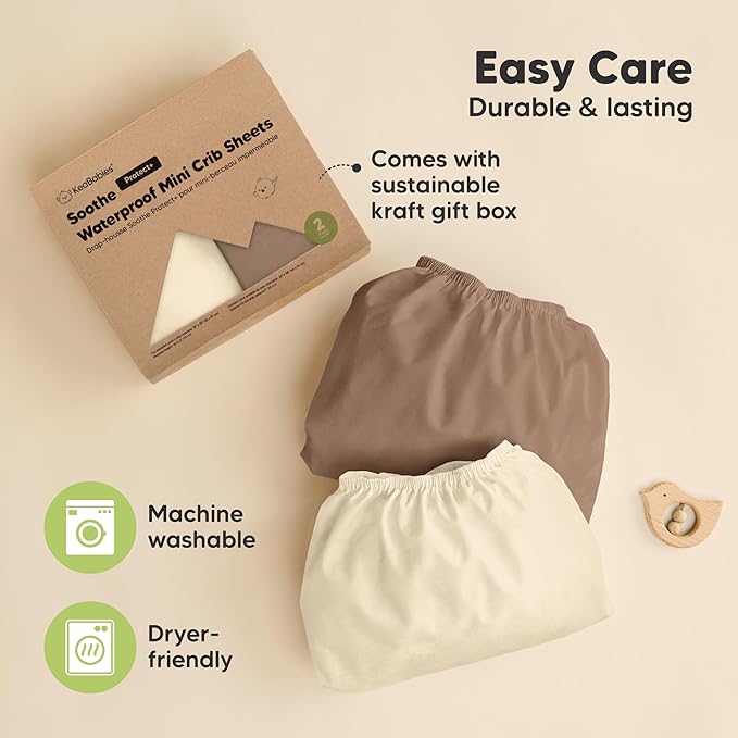 2 Pack and Play Sheets, Waterproof Mini Crib Sheets Fitted - 38x26 Organic Cotton Pack N Play Sheets for Graco Pack and Play Mattress, Playard Baby Crib Sheets, Neutral for Boy, Girl, Toddler (Latte)