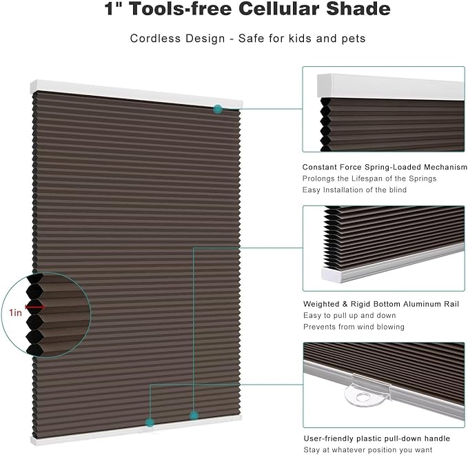 Changshade Blackout Blinds, Cordless Cellular Shades, Honeycomb Blackout Shades, Room Darkening Blinds, Pull Down Window Shades, Easy to Install Honeycomb Window Blinds, 27" W x 48" H, Taupe
