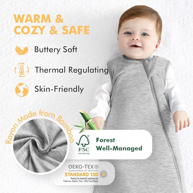 HAPIU Unisex Rayon Made from Bamboo Baby Sleep Sack TOG 1.0, 2-Way Zipper YKK, Wearable Blanket Baby
