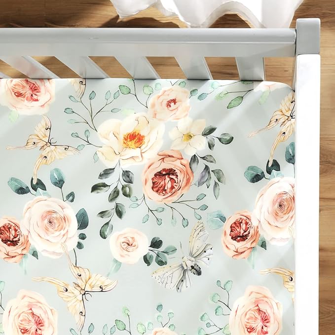 GRSSDER Stretchy Crib Sheets for Baby Girls, Ultra Soft Jersey Knit Fitted Crib Sheets 2 Pack, Universal Fits Most Toddler Crib Mattress Pads Safe and Snug, Stylish Flora Print
