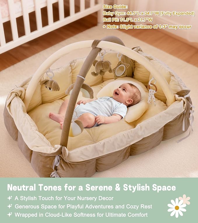 5-in-1 Baby Play Gym and Tummy Time Mat, Tummy Time Pillow & 12 Learning Cards, Plush Activity Mat with 6 Toys, Baby Gym, Convertible to Ball Pit, Baby Gift, Brown