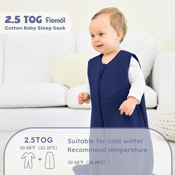 FIEMOL Baby Sleep Sack 12-18 Months 2.5 TOG, Winter Cotton Sleep Sacks Newborn and Infant, Warm Quilted Baby Wearable Blanket, Newborn Sleeping Bag with 2-Way Zipper Blue 1 Pack