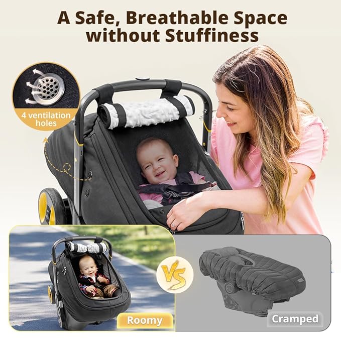 Bioby Waterproof Baby Car Seat Cover, Infant Car Seat Cover for Boy Girl, Roomy Cozy Windproof Sun Protection Baby Carseat Covers Canopy with Breathable Net and Holes, Universal Fitted Black