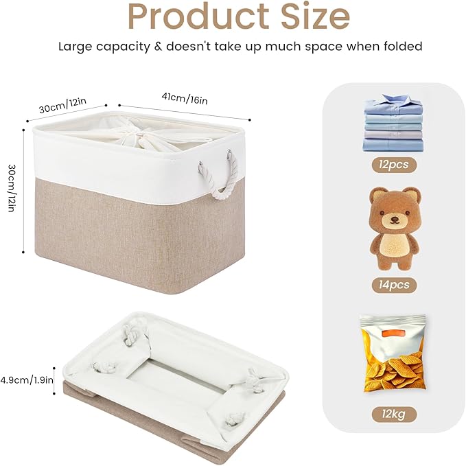 Large Storage Baskets- 16x12x12 inch Storage Bins for Shelves and Closet Organizing, Foldable Fabric Bin for Home Organization Clothes and Laundry (3-Pack, White&Khaki)