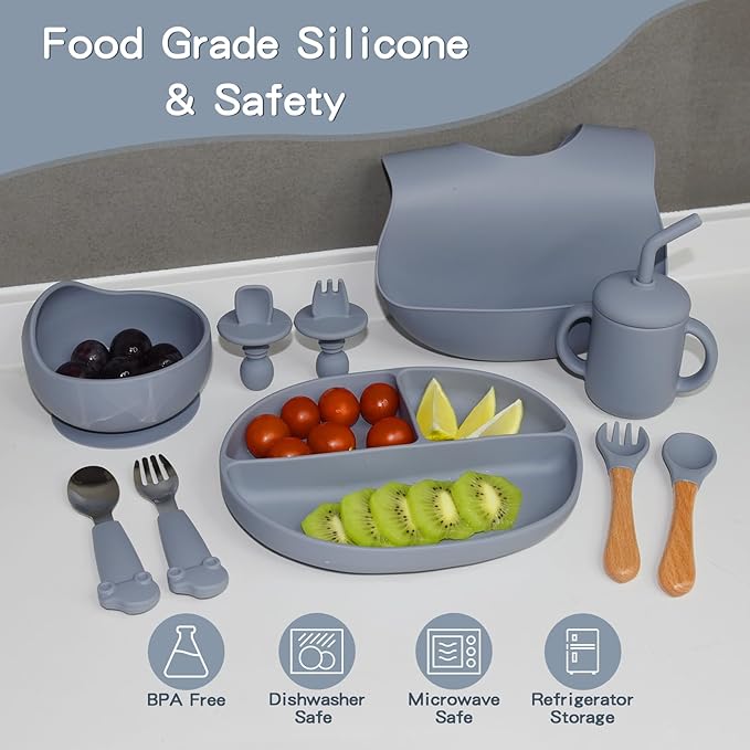 SILI FACTORY Silicone Baby Feeding Set - 10PCS Suction Baby Bowl and Divided Toddler Plates Adjustable Bib Cup Spoons Forks -Baby Led Weaning Supplies, Baby Utensils Eating Essential Set for 6+ Months