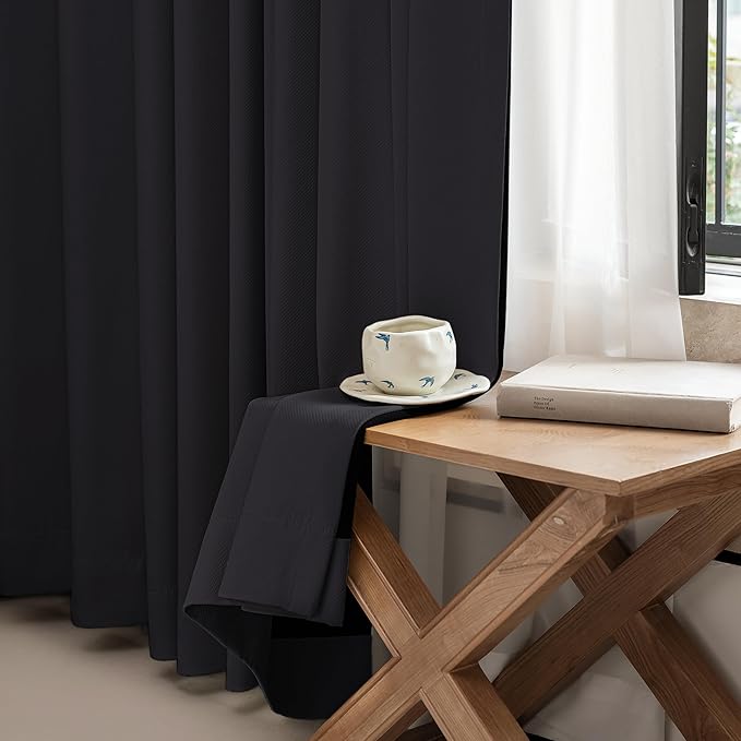 FMFUNCTEX 100% Blackout Curtains for Bedroom, Black Curtains 72 Inch Length Textured Thermal Insulated Curtains for Living Room Drapes, Black Out Drapery Grommet Room Darkening 2 Panels
