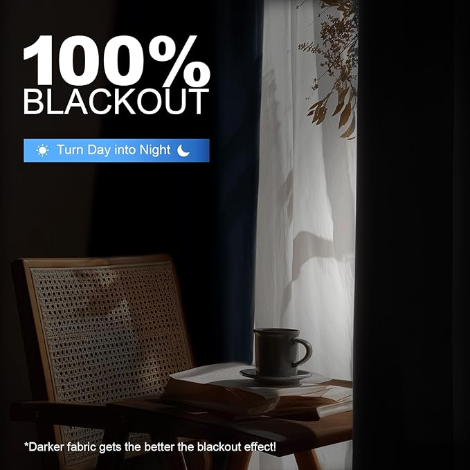 Linen 100% Blackout Curtains for Bedroom, Black Out Curtains 96 Inch Long, Room Darkening Curtains for Living Room, Long Curtain Grommets Drapes, Thermal Curtains (2 Panels, Dark Green)