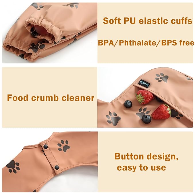 PewinGo Baby Bib with Long Sleeves Bib & BLW, Machine Washable & Soft and Skin-Friendly Material, Coverall Bibs for Baby Feeding, Waterproof and Easy to Clean, for Baby Infant Toddlers (Orange)