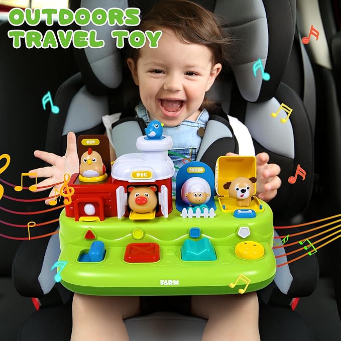 Interactive Pop Farm Animal Up Toys with Music Sounds Montessori Cause and Effect for 1-3 Baby Boy Girl Early Educational Musical Baby Infant STEM Gift 12-18 Months Babies Birthday