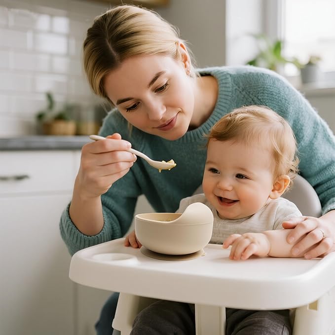 Tiny Tastes 10-Piece Silicone Baby Feeding Set – BPA-Free, Spill-Proof Suction Plate, Bowl, Bib, Snack Cup & Utensils | Dishwasher Safe, Baby Gift Ready (Beige)