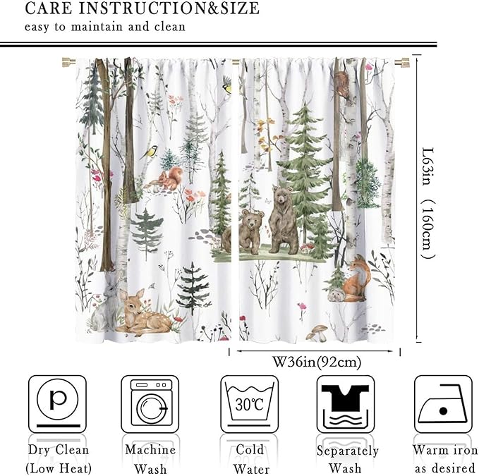 Forest Animals Kids Curtains, Wild Rustic Bear Fox Deer Children Cartoon Window Treatments for Living Room, Watercolor Blackout Drapes 2 Panel Sets,72x63 Inch