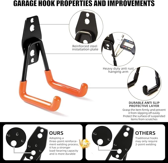Garage Hooks, 6 Pack Large Round Wall Hooks for Hanging Heavy Duty Ladders, Bikes, Tools Ideal for Garage, Garden, Basement Utility Room Storage (Orange)