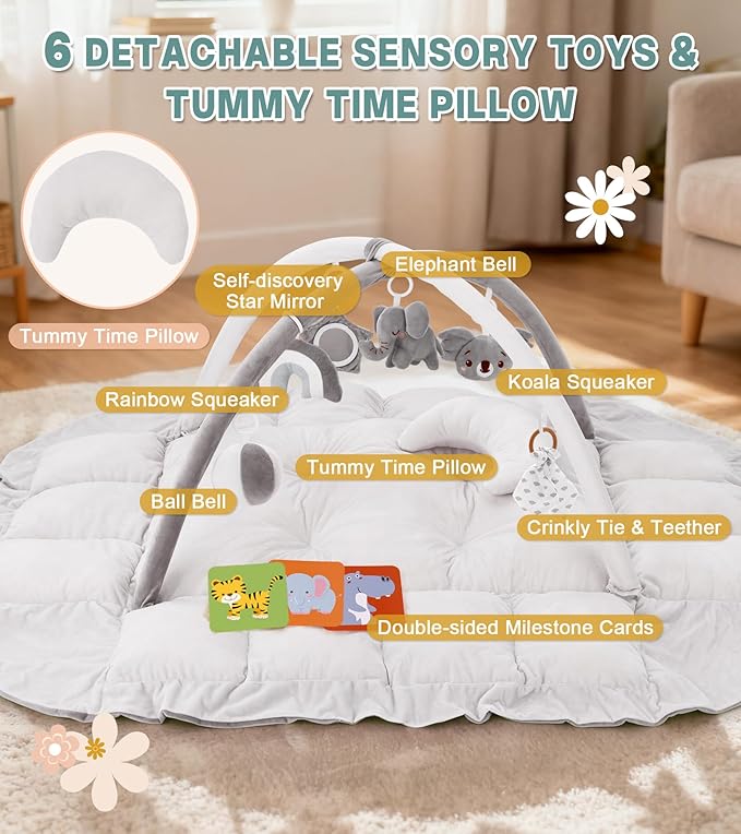 5-in-1 Baby Play Gym and Tummy Time Mat, Tummy Time Pillow & 12 Learning Cards, Plush Activity Mat with 6 Toys, Baby Gym, Convertible to Ball Pit, Baby Gift, Grey