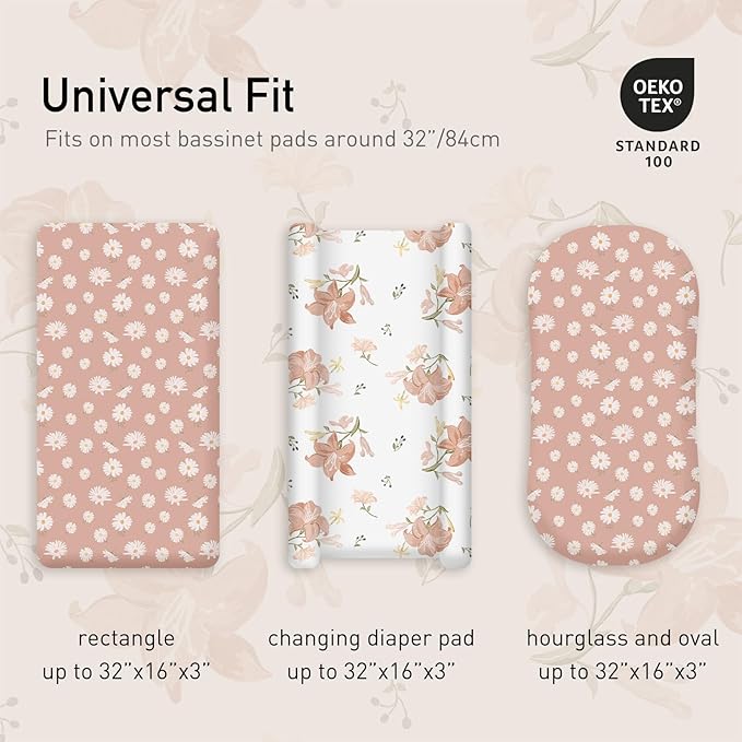 Gllquen Baby Bassinet Sheets Set 2-Pack, Breathable Cozy Bassinet Fitted Sheet Universal Fit Standard Mattress Oval Rectangle Cradle Baby Sheets for Baby Boy Girls Unisex 32"x16"(Lily)