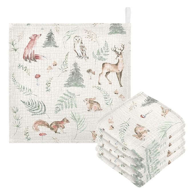 vvfelixl Watercolor Forest Animals Baby Burp Cloths Baby Muslin Washcloths for Boys Girls Cotton Baby Face Towel for Newborn Infants Soft and Absorbent 11.8 X 11.8 in, 5 Pack