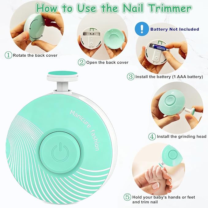 Electric Baby Nail Trimmer, Baby Nail File, Baby Nail Clippers, 6 Grinding Heads, Safe Quiet Baby Nail Grooming Care Kit for Newborn Infant Toddler Adult Battery Operated (Not Included)