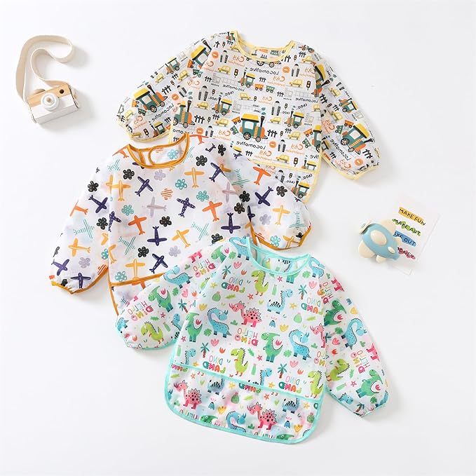 HaimoBurg 3 Pcs Waterproof Long Sleeves Baby Bibs Weaning Smock Bib 3-24 Months
