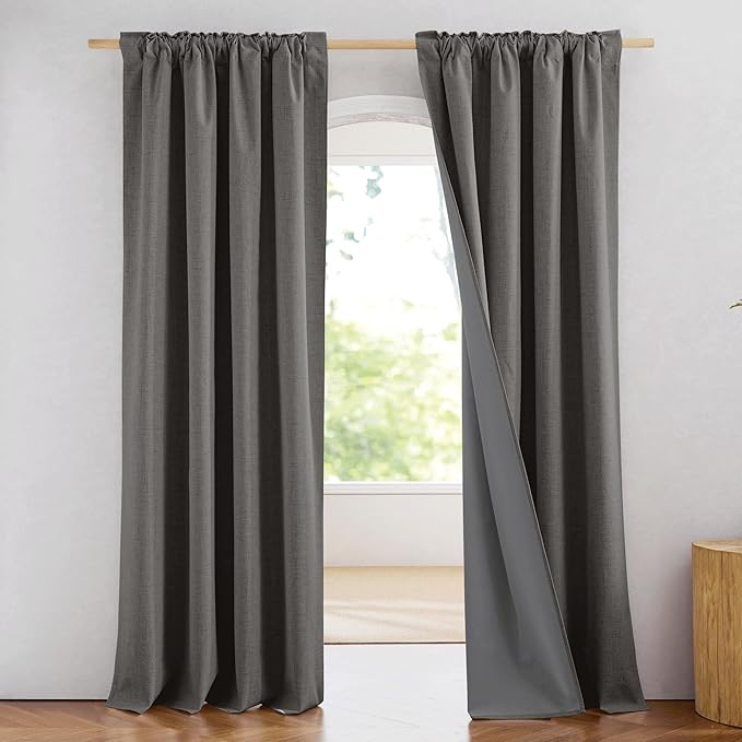 NICETOWN 100% Blackout Grizzle Gray Curtains 90 inches Long for Bedroom, Thermal Insulated Living Room Curtains with Gray Liner, 2 Panels, 52" W, Farmhouse Style Thick Linen Blend Window Draperies