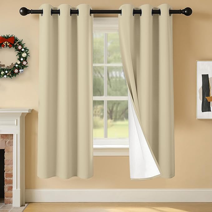 100% Blackout Curtains 63 Inch Length for Bedroom Living Room, Grommet Thermal Insulated Room Darkening Drapes, Light Blocking Window Treatment Decor, 2 Panels, 37x63, Beige