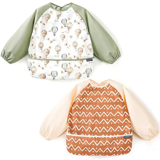 GRSSDER 2 Pack Long Sleeve Baby Feeding Bibs, Super Soft Lightweight Waterproof Coverall Baby Led Weaning Bib with Large Food Catcher Pocket, Adjustable and Easy Clean for 6-30 Months