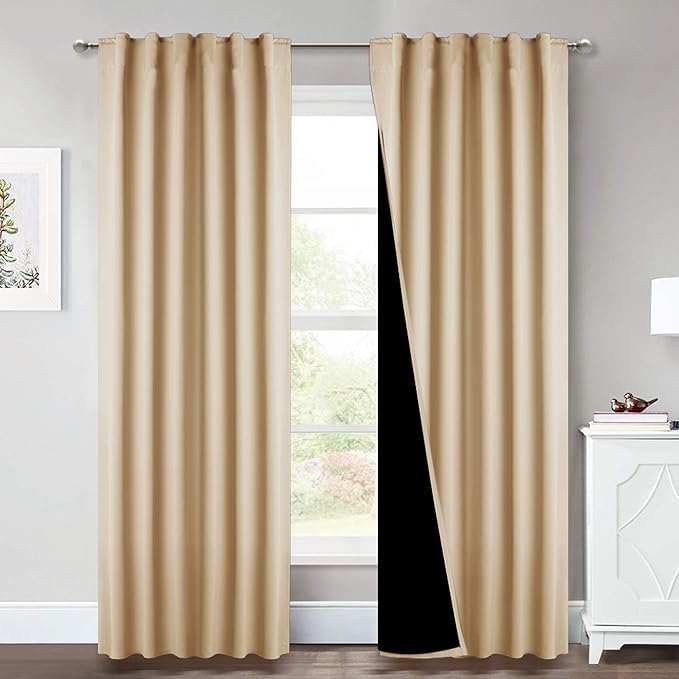 NICETOWN Living Room Completely Shaded Draperies, Privacy Noise Reducing Drapes for Laundry, Black Lined Insulated Window Treatment Curtains for Patio Door (Biscotti Beige, 2 PCs, W52 x L84)