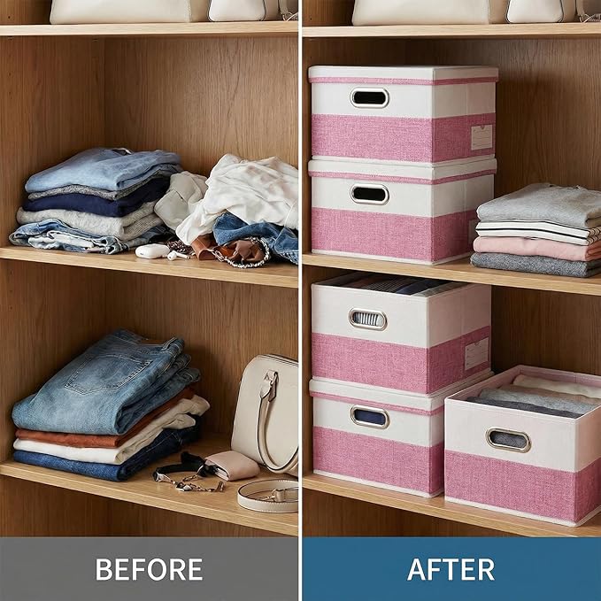 PRANDOM Storage Bins with Lids [3-Pack] Linen Fabric Foldable Storage Boxes Organizer Containers Baskets Cube with Cover for Bedroom Closet Office Pink&White（11.4X8.6X6.7