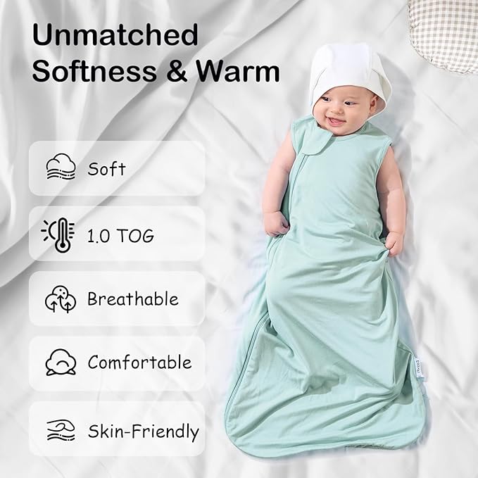 Supersoft Rayon Made from Bamboo Sleep Sack 12-18 Months 1.0 Tog Toddler Sleep Sack Baby Wearable Blanket with 2-Way Zipper Unisex Sleeping Bag for Babies All-year-around (2 Pack) Green & Blue