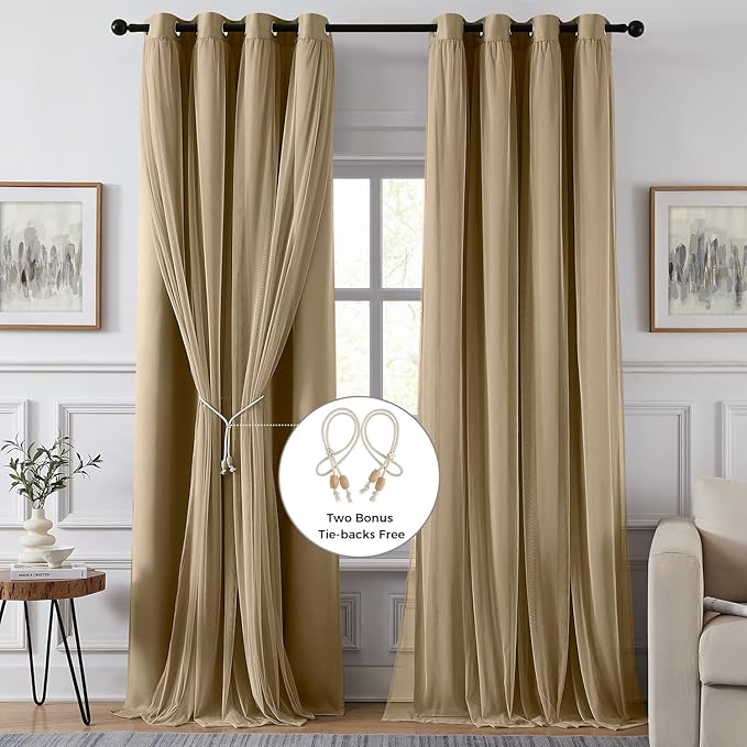 100% Blackout Curtains for Bedroom, Double Layer Khaki Curtains, Black Out Curtain 96 inch Long with Sheer Overlay for Living Room, Room Darkening Window Drapes with Grommet, 52" W x 96" L