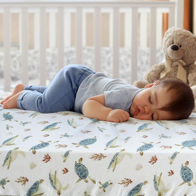 LifeTree Crib Sheets for Baby Unisex - Muslin Fitted Crib Sheets Toddler Bed Sheet, 70% Viscose from Bamboo and 30% Cotton, Fits Mini Crib & Pack and Play Playard, Sea Turtle, 26in x 38in
