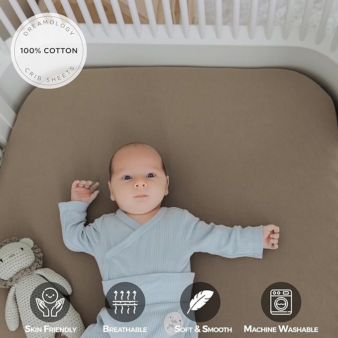 Dreamology Standard Crib Sheets,2 Pack,Cotton Crib Sheet,Soft and Breathable,100% Cotton Jersey Crib Sheet Boys, Girls, Neutral Crib Sheets for Standard Cribs, 52x28 Crib Mattress Sheet | Brown,Ecru