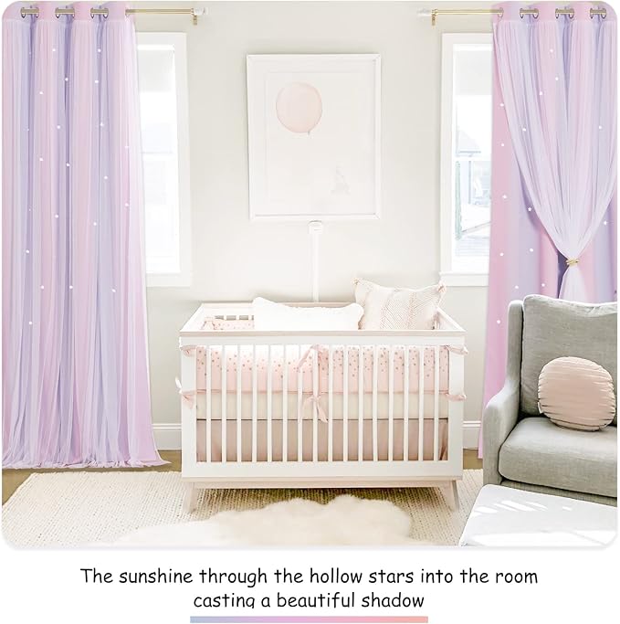 NICETOWN Nursery Room Darkening Rainbow Curtains for Bedroom Hollow-Out Star Window Drapes Curtain 84 inches Length for Living Room (Pink Purple, W52 X L84, 1 Pair)