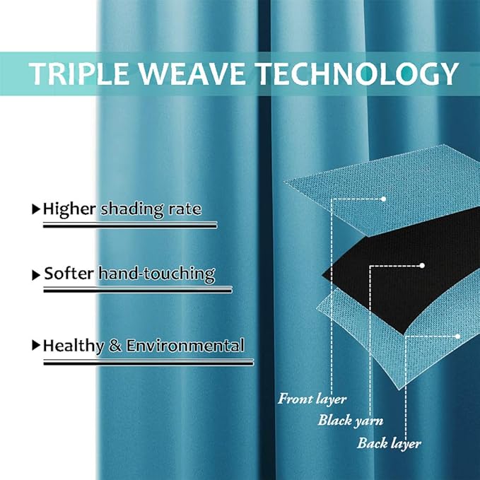 NICETOWN 100% Blackout Short Curtains with Black Liners, 2 Panels, 37" W by 40" L, Teal Blue, Solid Thermal Insulated Full Blackout 2-Layer Lined Drapes, Energy Efficiency Window Draperies for Bedroom