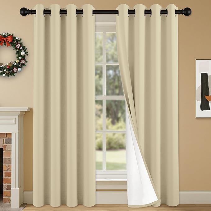 100% Blackout Curtains 84 Inch Length for Bedroom Living Room, Grommet Thermal Insulated Room Darkening Drapes, Light Blocking Window Treatment Decor, 2 Panels, 54x84, Beige