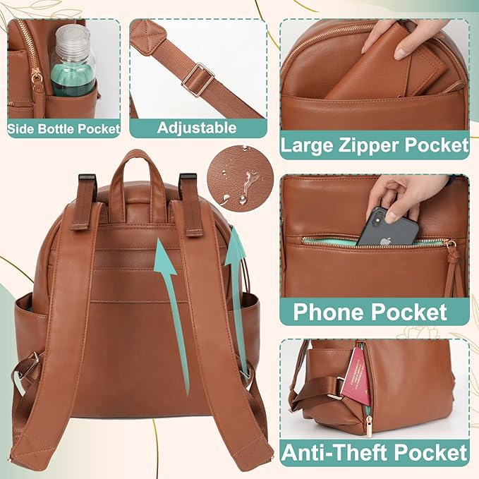 MOMINSIDE Small Diaper Bag Backpack, Mini Diaper Bag with 11 Pockets, Leather diaper backpack, Baby Diaper Bag for Baby Girls, 2 Insulated Pockets, Stroller Straps (Brown)