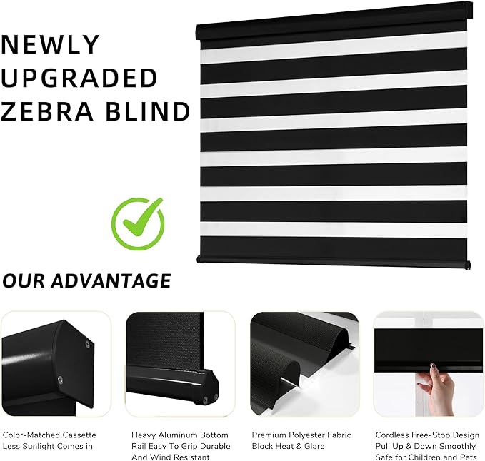 ChrisDowa Cordless Zebra Blinds for Windows, Dual Layer Free-Stop Light Filtering Window Roller Shades, Pull Down Privacy Zebra Shades for Home, Office, Bedroom, Door (24" W x 72" H, Black)