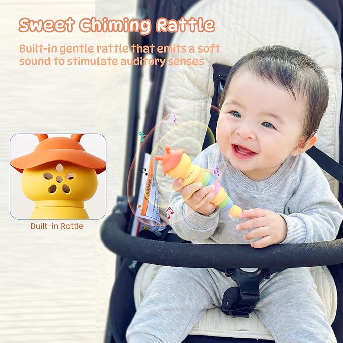 Baby Teething Toy, Caterpillar Silicone Baby Teether Rattle Toys, BPA-Free Sensory Development & Color Recognition Learning for 0 6 10 12 18 Babies Toddler Teething Relief LC1
