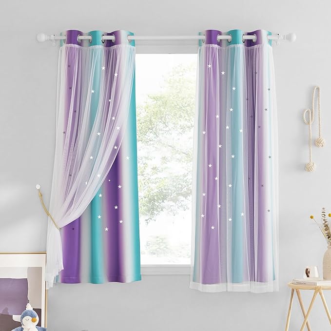 NICETOWN Blackout Stars Kids Curtains for Girls Bedroom Aesthetic Decor Colorful Cute Double Layer Star Cut Out Stripe Rainbow Curtains for Nursery, 2 Panels, W34 x L63 Inches, Teal & Purple