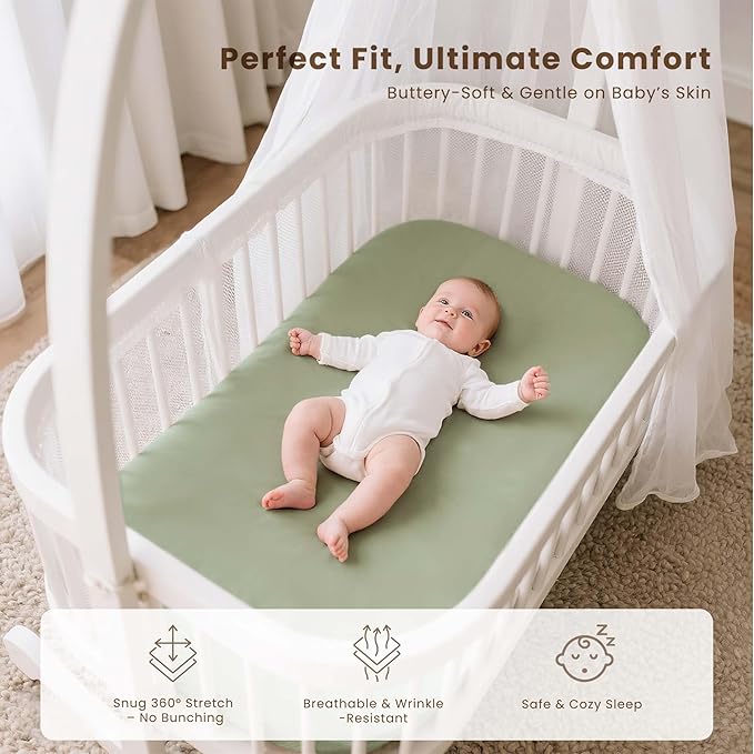 Konssy 3 Pack Stretchy Bassinet Sheets for Baby Girl Boy, Soft Breathable Baby Bassinet Mattress Sheets Fit for Hourglass Oval Cradle, Moses Basket Rectangle Mattress (Green Leaves)