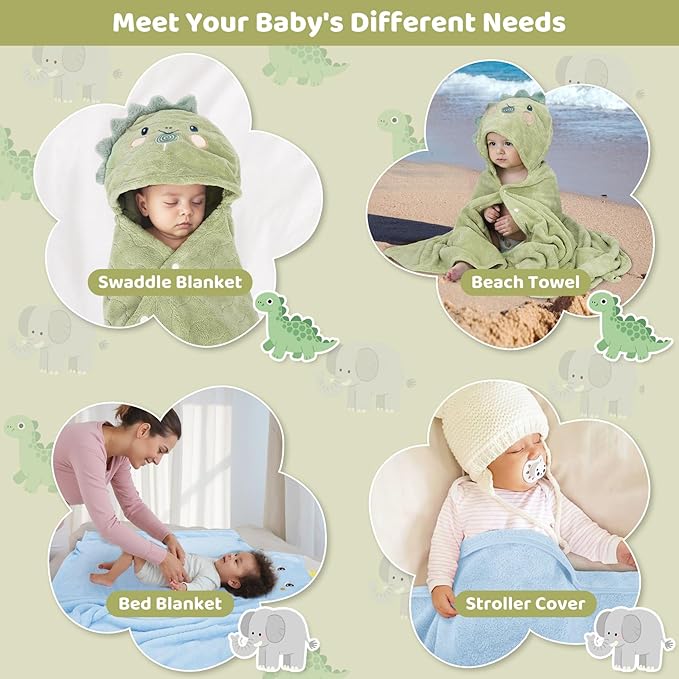 6 PCS Toddler Bath Towel Set for Boy Girl 0-5 Year, 2 PCS Thick Absorbent Hooded Baby Bath Towels Large 55" x 27.5" & 4 PCS Washcloths, Ultra Soft Gift for Infant, Toddler, Kids, Dinosaur & Elephant